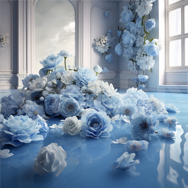 Blue Floral Room Digital Backdrop , Overlays, Photo Backgrounds for Photography, Wedding & Maternity Backdrops