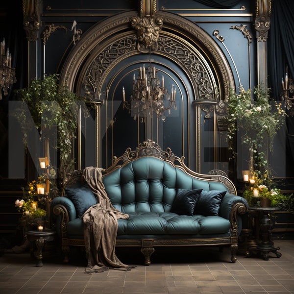 Elegant Vintage Teal Couch Digital Backdrop, Overlays, Studio Backdrops, Wedding & Maternity Backdrops