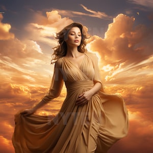 Könnte beinhalten: Eine Frau in einem fließenden beigefarbenen Kleid steht vor einem Hintergrund aus dramatischen Sonnenuntergangs-Wolken. Ihre Augen sind geschlossen und ihr Haar weht im Wind.