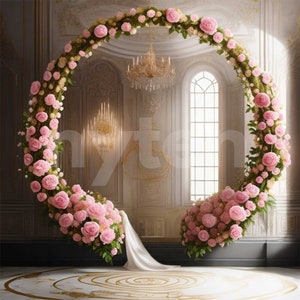 Pink Rose Floral Ring Backdrop, Floral Hoop Digital Backdrop, Overlays, Studio Backdrops For Photographers, Wedding & Maternity Backdrops