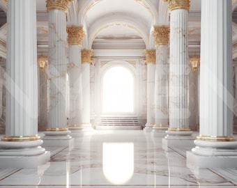Sala de mármore branco com pilares cenário digital, sessão de fotos fundo de piso de mármore, cenário de estúdio para cenários de casamento e maternidade