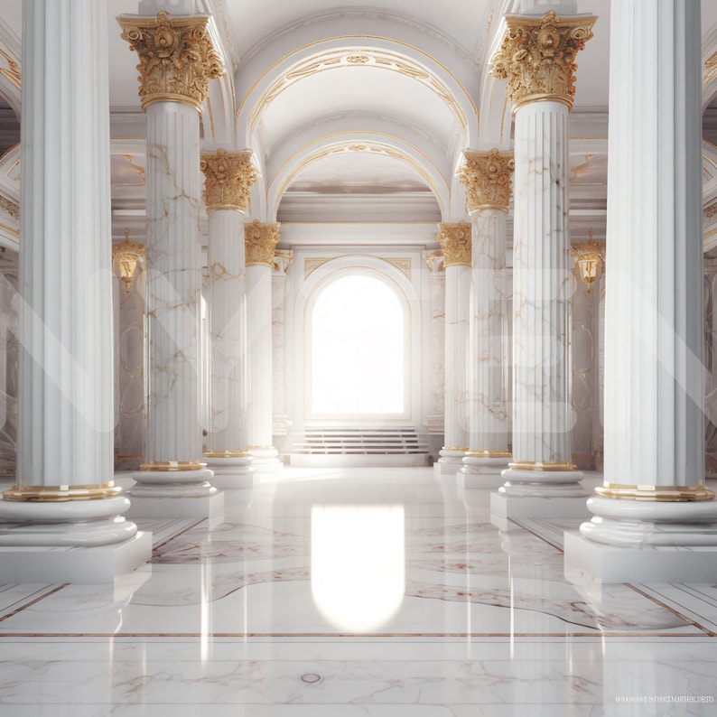 May include: A white marble hallway with gold accents and a large window at the end. The hallway is lined with columns and the floor is polished marble.