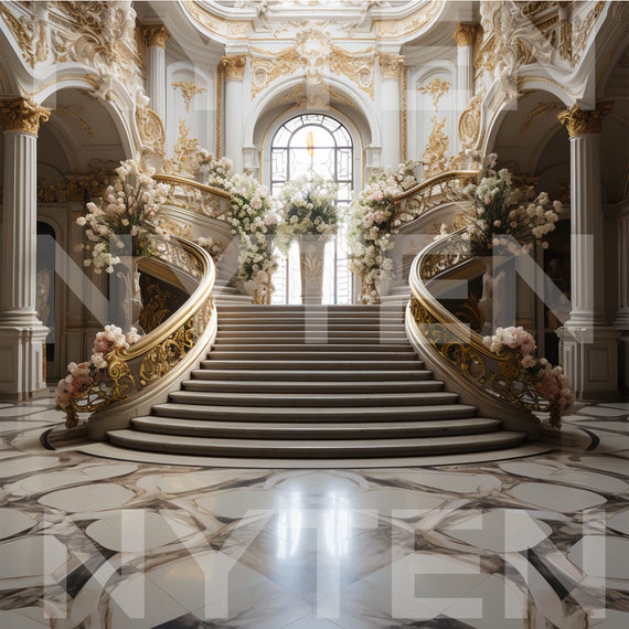 Baroque Opulent Staircase with Flowers Digital Backdrop, Castle Stairway Photo Background,Studio Backdrop For Wedding & Maternity Backdrops