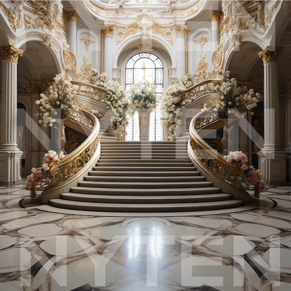 Barock Opulente Treppe mit Blumen Digital Backdrop, Schloss Treppe Fotohintergrund, Studio Backdrop für Hochzeit & Mutterschaft Kulissen