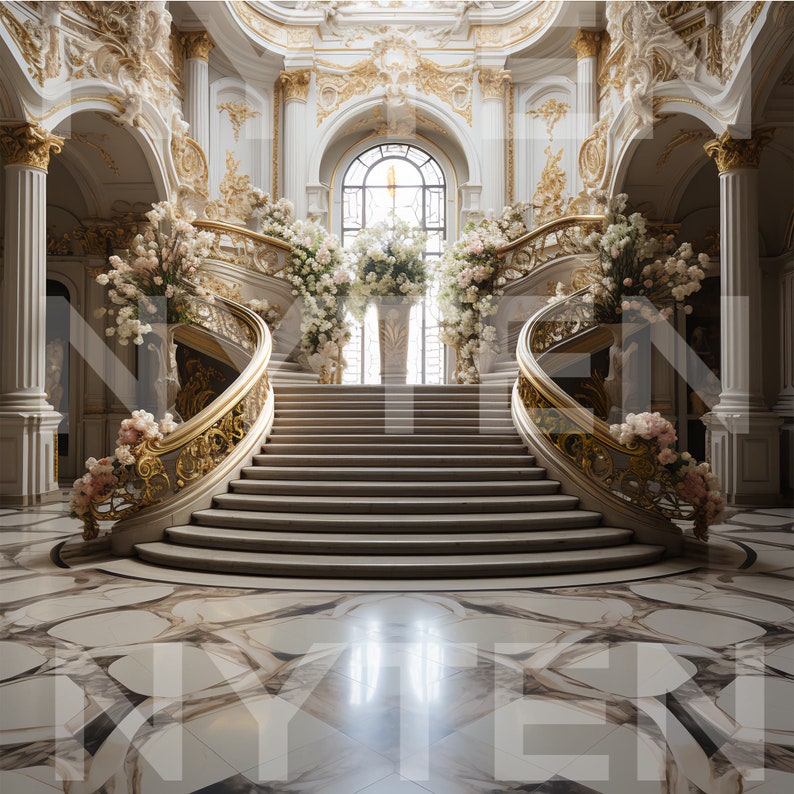 K&ouml;nnte beinhalten: Eine gro&szlig;e, wei&szlig;e und goldene Treppe mit verzierten Gel&auml;ndern und Blumenarrangements auf beiden Seiten. Die Treppe f&uuml;hrt zu einem gro&szlig;en Fenster mit Blick nach drau&szlig;en.
