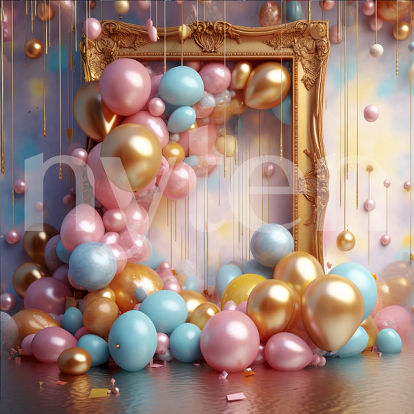 Baroque Gold Frame with Balloons Digital Backdrop II, Photo Shoot Backdrop, Overlays, Studio Backdrop For Wedding & Maternity Backdrops