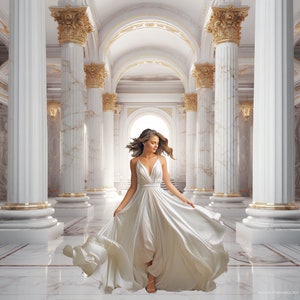 May include: A woman in a white gown stands in a grand hall with white marble columns and gold accents. The gown is flowing and billowing, creating a sense of movement and elegance.