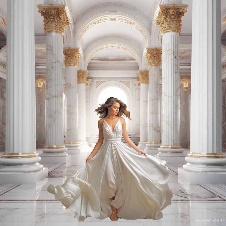 May include: A woman in a white gown stands in a grand hall with white marble columns and gold accents. The gown is flowing and billowing, creating a sense of movement and elegance.