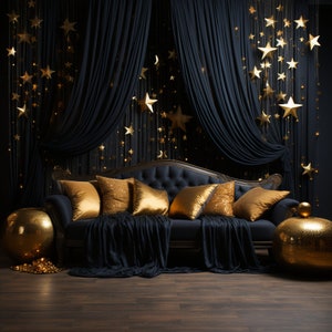 Gold Stars and Couch Dark Teal Digital Backdrop, Overlays, Studio Backdrops, Wedding & Maternity Backdrops