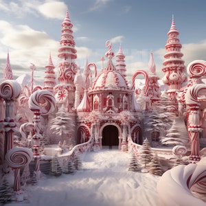 May include: A whimsical candy cane village with a red and white gingerbread house, candy cane trees, and snow-covered ground.