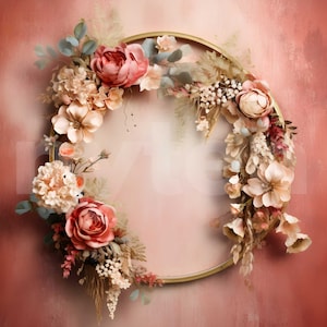 Boho Floral Ring Backdrop, Floral Hoop Digital Backdrop, Overlays, Studio Backdrops For Photographers, Wedding & Maternity Backdrops