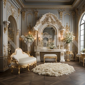 May include: An opulent room with ornate gold and white furnishings. A white chaise lounge with gold trim sits near a large, round, cream-colored rug. A vanity with a mirror and candles is in the background, with floral arrangements and a bench.