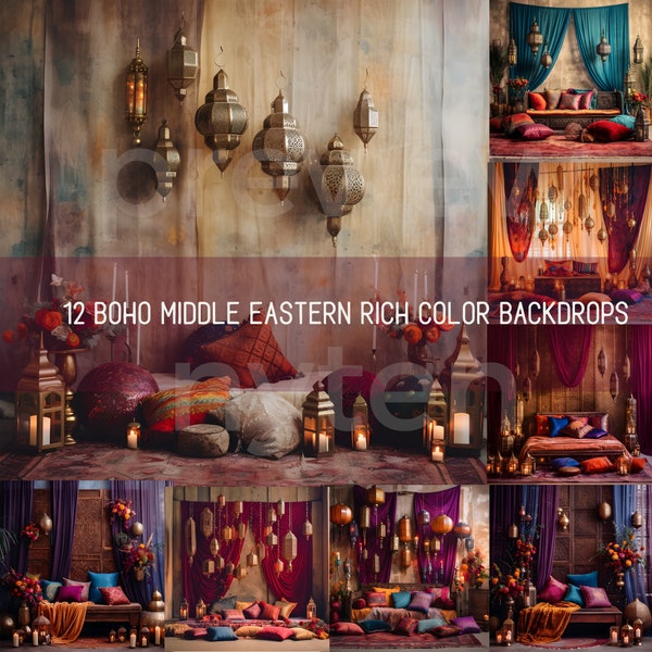 Boho Middle Eastern Jewel Tone Backdrop Bundle, 12 Photo Backgrounds For Photography, Wedding & Maternity Backdrops