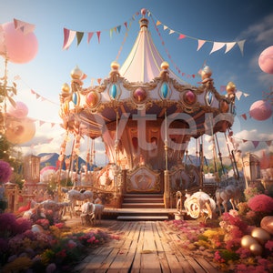 May include: A vintage-style carousel with a pink and gold roof, surrounded by colorful flowers and balloons. The carousel has white horses and a wooden platform.