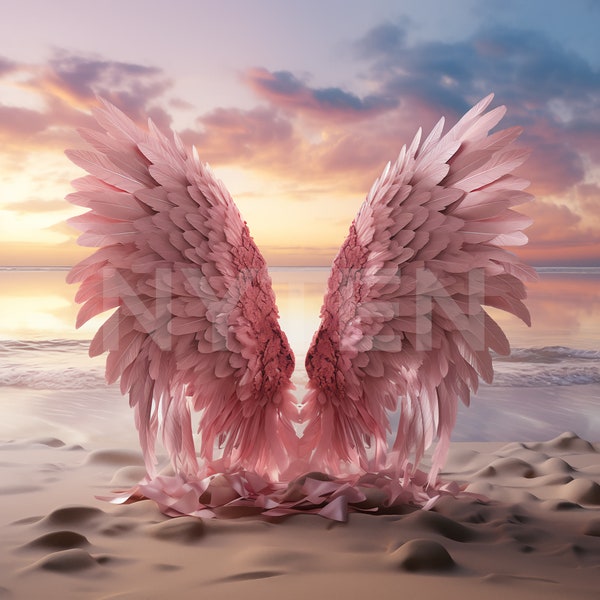 Pink Angel Wings at the Beach Photo Shoot Backdrop, Overlays, Studio Backdrop For Photographers, Wedding & Maternity Backdrops