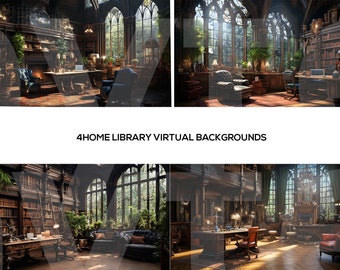 May include: Four virtual backgrounds depicting a home library with dark wood bookshelves, a large window, and a desk with a chair. The backgrounds are ideal for video calls or online meetings.
