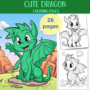 Cute Dragon Coloring Book Pages |   26 Baby Dragon Coloring Pages for Kids | Printable Coloring Book Instant Download