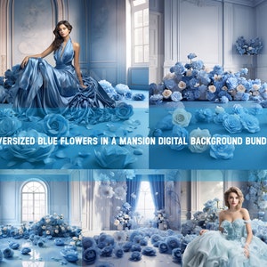 Blue Floral Room Digital Backdrop Bundle, Overlays, 13 Photo Backgrounds for Photography, Wedding & Maternity Backdrops