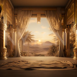 May include: A golden palace interior with ornate columns and flowing curtains, revealing a view of a desert landscape with palm trees and a sunset in the distance.