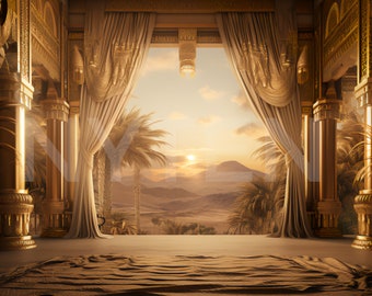 Pano de fundo digital Golden Sunset Desert Palace, fundo de foto para fotografia, modelo de cenário
