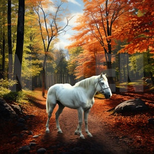 Fall Golden Forest White Horse Backdrop, Fall Trees Digital Backdrop, Overlays, Studio Backdrops For Photographers, Fall Photo Background