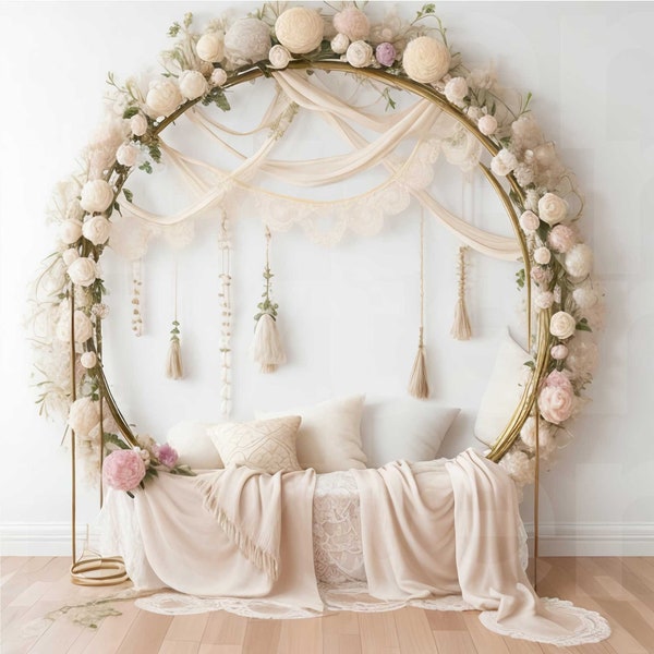 Boho White Floral Ring Backdrop with Seat, Digital Backdrop, Overlays, Studio Backdrops For Photographers, Wedding & Maternity Backdrops