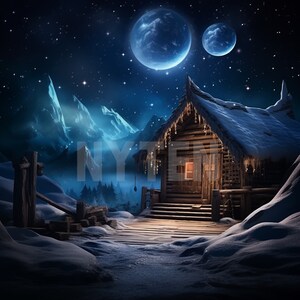 Cabin at Night with Northern Light  Digital Backdrop, Photoshop Overlays, Photo Background for Photography, Backdrop Template