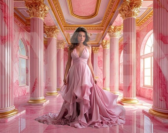 May include: A woman in a pink gown stands in a pink marble hallway with gold trim and columns. The hallway has large windows and a high ceiling.