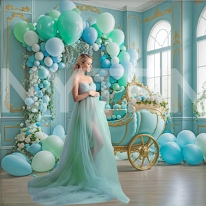 Opulent Teal Fairytale Baby Carriage Digital Backdrop I, Photo Shoot Backdrop, Overlays, Studio Backdrop For Wedding & Maternity Backdrops
