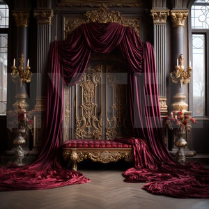Elegant Ornate Room with Burgundy Drapes in a Backdrop, Photo Shoot Backdrop, Overlays, Studio Backdrop For Wedding & Maternity