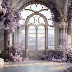Purple Floral Room in a Mountain Palace Digital Backdrop, Photo Background, Digital Studio Backdrop For Wedding & Maternity photographs