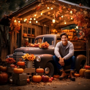 Vintage Pickup Truck Fall Backdrop, Fall Trees Digital Backdrop, Overlays, Studio Backdrops For Photographers, Fall Photo Background