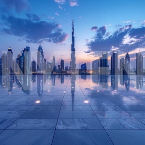 May include: A panoramic view of a modern city skyline at dusk, with tall skyscrapers reflecting in a large, smooth, tiled surface. The Burj Khalifa, the tallest building in the world, is prominently featured in the center of the image.