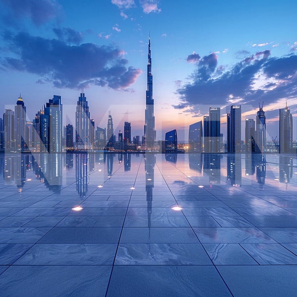 Rooftop View of Dubai Cityscape at Dusk Digital Backdrop, Unique Photo Background for Photography, Backdrop Template