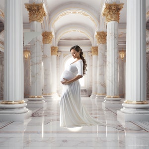 May include: A pregnant woman in a white gown stands in a grand hall with white marble columns and gold accents. The woman is looking down at her belly.