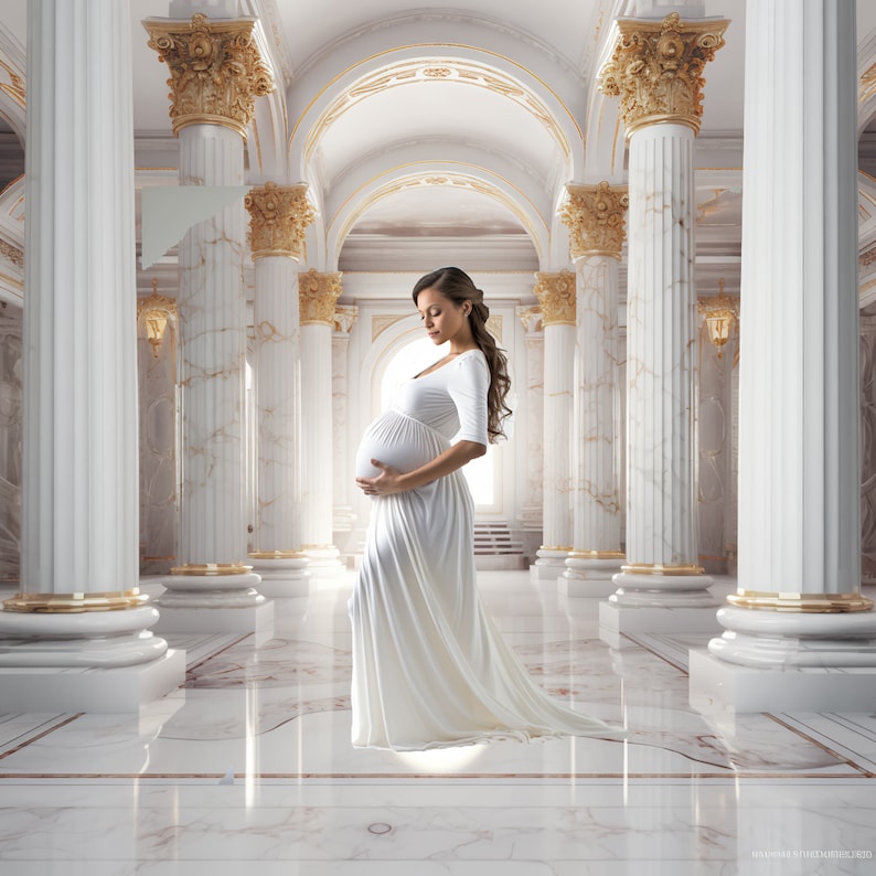 May include: A pregnant woman in a white gown stands in a grand hall with white marble columns and gold accents. The woman is looking down at her belly.