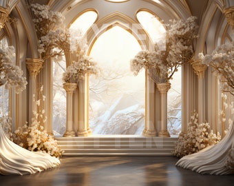 White and Gold Opulent Winter Room Digital Backdrop, Photo Shoot Backdrop, Overlays, Studio Backdrop For Wedding & Maternity Backdrops