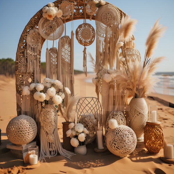 Boho Macrame Floral Hoop at the Beach Digital Backdrop I, Photo Overlays, Studio Backdrops, Wedding & Maternity Photoshoot Backdrops