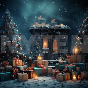 Holiday Christmas Presents Winter Scene Digital Backdrop, Photo Background For Photography, Maternity Background