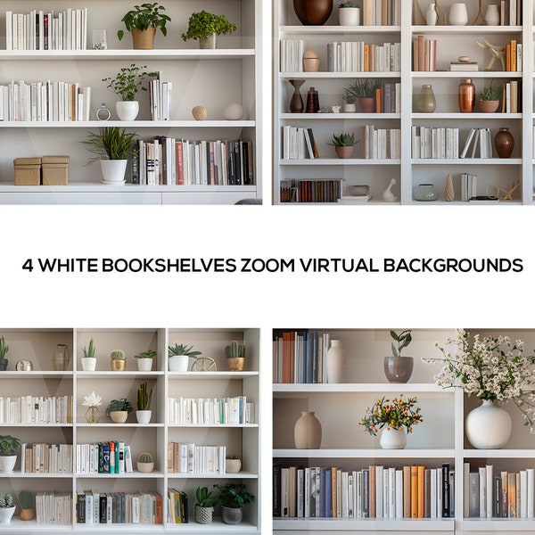 Zoom Modern White Bookshelves Virtual Background | 4 Zoom Backgrounds | MS Teams | Facebook | Google Meet | Virtual Background bundle