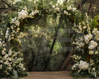 Enchanted Forest Floral Arch Digital Backdrop - Dreamy Woodland Wedding Scene