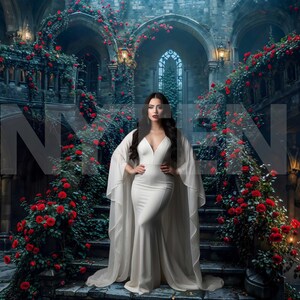 Peut inclure: Une femme en robe blanche se tient sur un escalier en pierre orné de roses rouges. L'escalier se trouve dans un bâtiment sombre de style gothique avec des portes et des fenêtres cintrées.