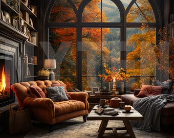 Fall Cozy Cottage Backdrop, Photoshop Overlays, Photo Background for Photography, Backdrop Template