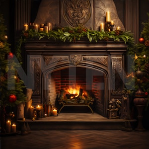 Rustic Christmas Fireplace Digital Backdrop, Photo Background For Photography, Maternity Background