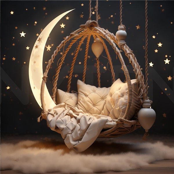 Star and Moon Swing Chair Digital Backdrop Newborn, Photography Background for Baby