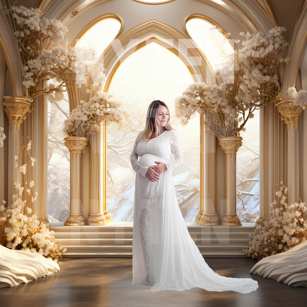 White and Gold Opulent Winter Room Digital Backdrop, Photo Shoot Backdrop, Overlays, Studio Backdrop For Wedding & Maternity Backdrops