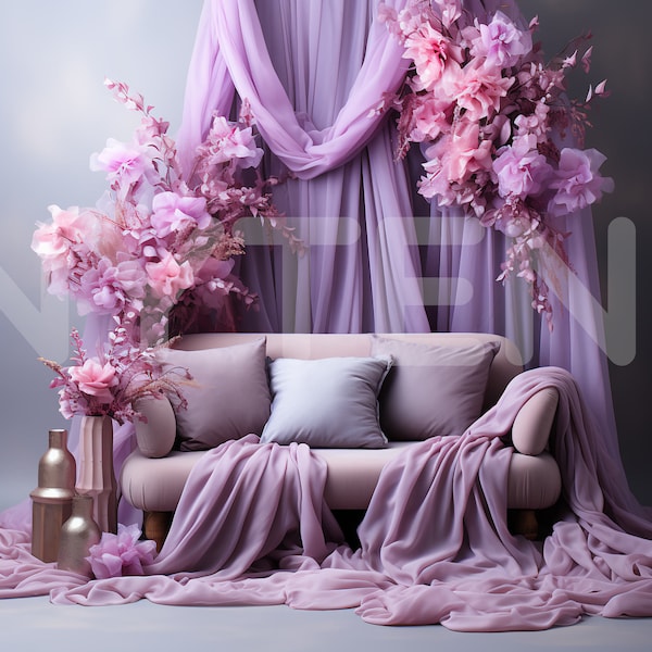 Purple and Pink Fabric Floral Digital Backdrop, Photo Background for Photographers, Wedding & Maternity Backdrops