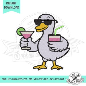 Cartoon Drunk Duck/Goose with Cocktails; Machine Embroidery File, Pattern, Design, Scheme; Instant Download, 4 sizes