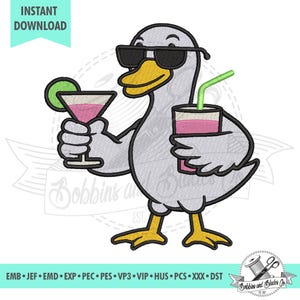 Cartoon Drunk Duck/Goose with Cocktails; Machine Embroidery File, Pattern, Design, Scheme; Instant Download, 4 sizes