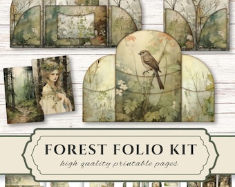 May include: A Forest Folio Kit featuring high quality printable pages with arched pockets, bird illustrations, and forest scenes. The set includes various paper cutouts, tags, and cards with muted green, brown, and cream tones throughout the designs.